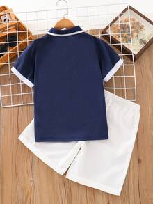 Boys' Summer New Polo Shirt & Shorts Set, Young Boy Short Sleeve Polo Shirt With Contrast Cuff Design, Deer Print, Casual Shorts With Side Pockets For Daily Wear & Play - Royal Blue - View 2