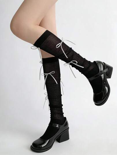 1双时尚简约薄纱蝴蝶结过膝袜，适合日常洛丽塔和JK风格穿搭