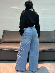1件女士休闲刺绣宽松直筒牛仔裤，舒适百搭的街头时尚四季裤装（不含腰带/配饰） - 藍色 - 查看 6