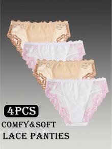4PCS Romantic Lace Mid-Rise Women's Cotton Briefs-Ultra-Soft And Breathable, Perfect For Both Weddings And Casual Wear - Multicolor - View 5