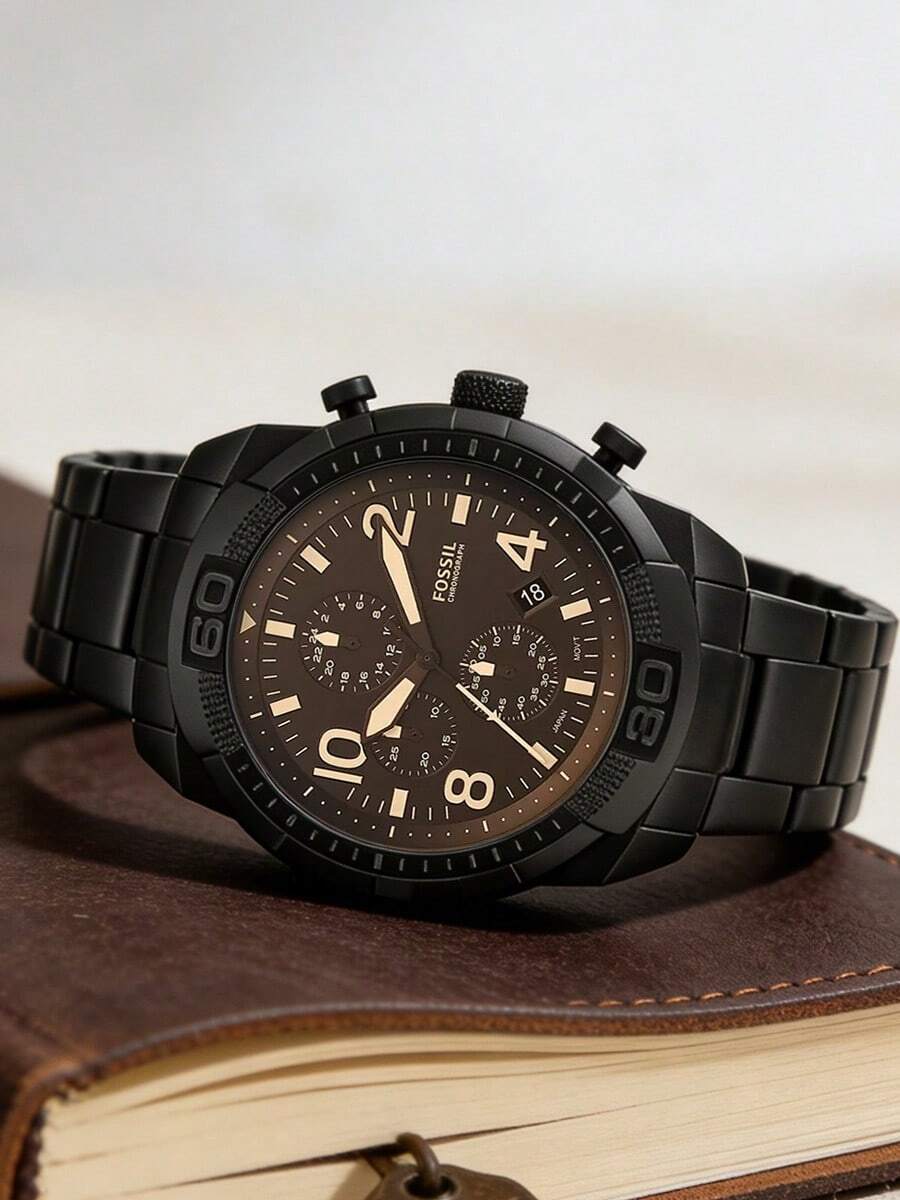 Fossil Đồng hồ đeo tay nam máy quartz, vỏ thép không gỉ, có chức năng bấm giờ, 3 mặt số phụ, kiểu dáng công sở thường ngày, phù hợp để đeo hàng ngày. FS5876 - màu đen - Xem 1