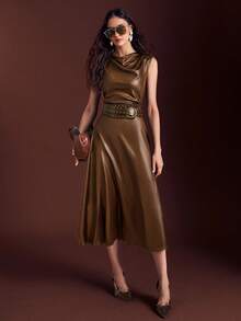 Simplee Women's Spring/Summer New Draped Neck Fashionable Sleeveless Lightweight Soft Leather Dress, No Belt, Suitable For Work And Commuting Elegant - Brown - View 2