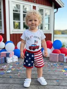 Baby Boy 4th Of July Outfit Patriotic Short Sleeve Flag Embroidery Striped Romper With Star Print Shorts 2Pcs Set , 4th Of July Baby Boy Outfit  0-3Months 3-6Months 6-12Months12-18Months - 藍紅白 - 查看 3