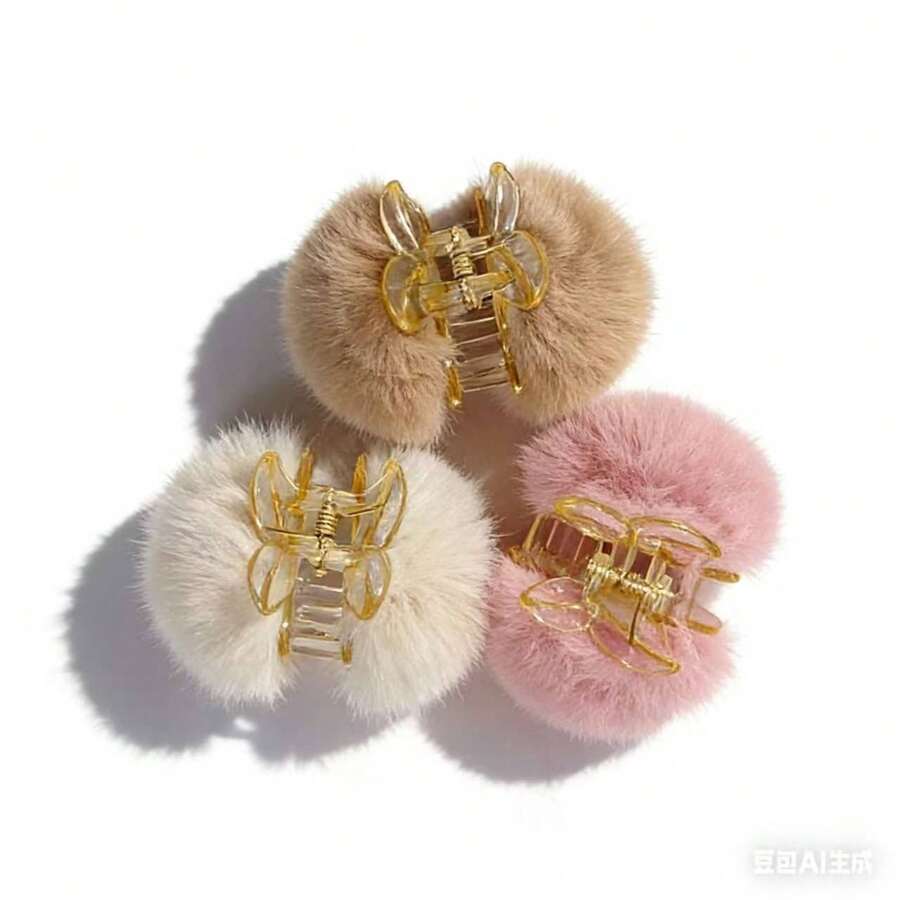 3 pièces/set Élégants clips à cheveux en fausse fourrure acrylique de couleur unie avec pompon, accessoires en tissu doux convenant pour le port quotidien, tenues de printemps/automne/hiver/été, pinces à cheveux de plage - Multicolore - Voir 1