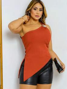 Women's One-Shoulder Tank Top With Flower Buckle And Padded Cups -  Summer Fashion - Stylish - Terracota - View 2