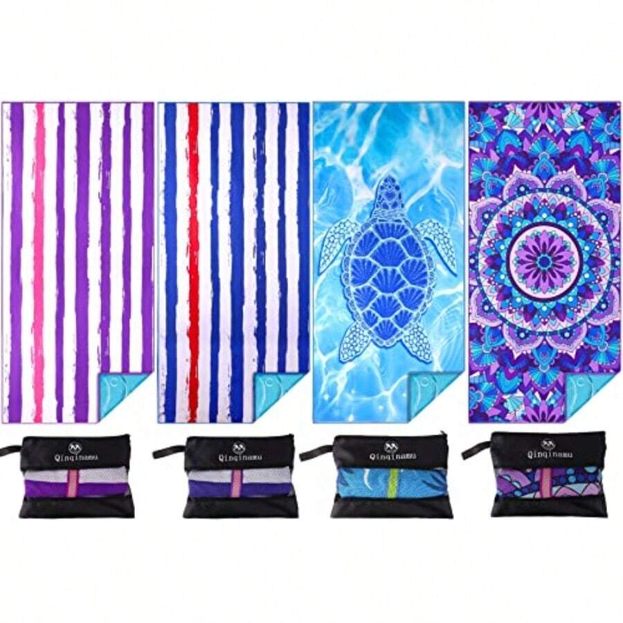 Microfiber Towel - Sand Free Absorbent Quick Dry For Pool Swim Camping Sports Beach Backpacking Yoga Gym Travel Towels XL 71x32 With Bag - Soft Compact Lightweight Thin 4 Pack - 藍色和條紋 - 查看 1