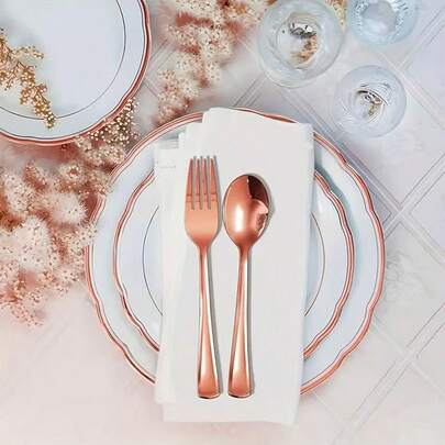 5pcs Rose Gold Cutlery Set, Portable Salad Fork & Spoon, Reusable Utensils, Suitable For Couples, Travel, Camping, Office, School Cafeteria Lunch Box, Cutlery Set, Party, Valentine's Day, Back To School Party, Kitchen & Dining, Cutlery Set