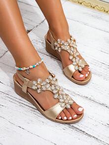 Sandal đính đá hình hoa, dép đế xuồng cao gót kiểu boho mùa hè mới dành cho nữ. - Rượu sâm banh - Xem 3