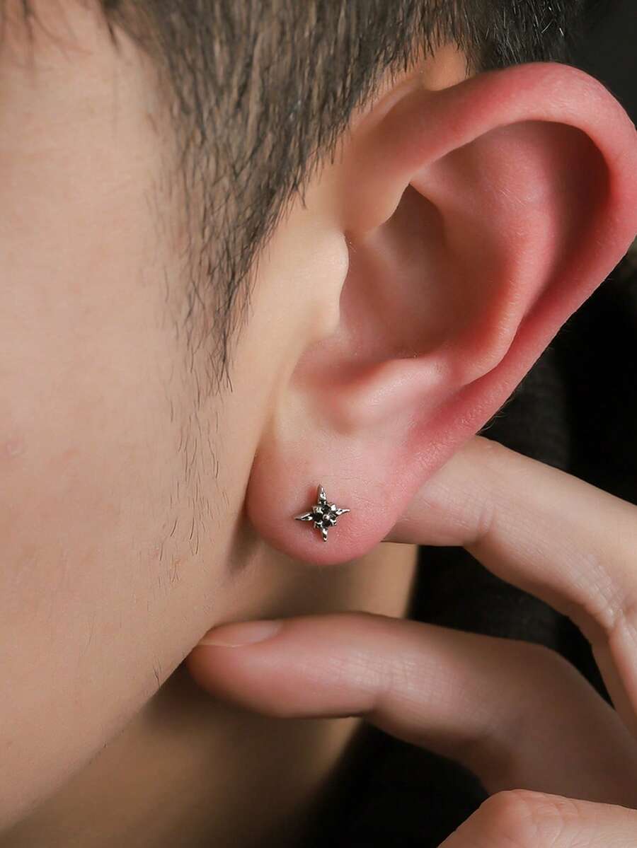 1 Pair Retro Starburst Cross Earrings, Suitable For Men's Daily, Festival And Party Wear - Silver - View 1
