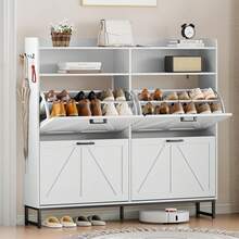 Tall Shoe Cabinet With Coat Rack, Hidden Shoe Storage Cabinet With Doors & Drawer, Hanging Bar & Hooks, Slim Narrow Freestanding Shoe Rack Organizer For Entryway, Hallway & Living Room, White - trắng - Xem 10