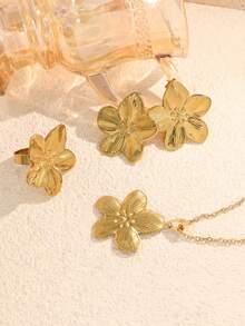 4pcs/Set Plumeria Earrings, Ring, Necklace Jewelry Set, Luxury Retro Elegant Necklace Set - Yellow Gold - View 4