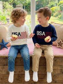 Baby Girl Boy 4th Of July Outfit Kids Sweater, Long Sleeve Crew Neck Letters Warm Winter Sweater Clothing For Girls Boys - trắng - Xem 5
