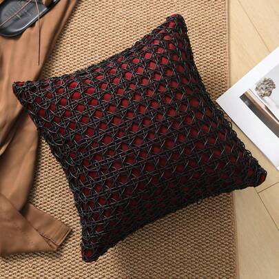 1件轻奢风格手工编织枕套，网布皮革沙发枕套，方形装饰靠垫套，无芯轻奢风格