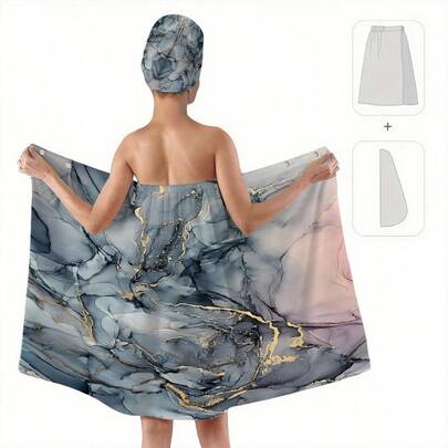1 Bộ 2 món khăn tắm và váy nghệ thuật thời trang, màu xám nhạt với viền vàng, họa tiết tranh vẽ mực, bao gồm váy, khăn quấn tóc, khăn tắm mặc được, bộ mũ tắm và váy dùng tại nhà cho người lớn, có thể giặt máy, váy xông hơi, áo choàng tắm, phụ kiện phòng tắm, đồ trang trí du lịch