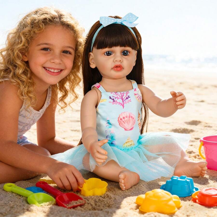 Bộ trang phục búp bê 22 inch với họa tiết vỏ sò, bao gồm: Váy + Chân váy voan + Băng đô, bộ 3 món váy voan chơi mùa hè, phụ kiện búp bê, đồ chơi nhập vai, màu xanh nhạt (Không bao gồm búp bê) - Màu xanh lam - Xem 1