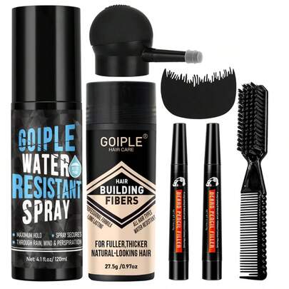 7件套胡须填充笔套装，包含胡须笔、增发纤维、防水增发纤维喷雾、优化器和喷嘴涂抹器、胡须刷、用于填充稀疏胡须的增厚粉（防水持久）、4头胡须勾勒笔（用于勾勒胡须轮廓）、胡须梳，男士速效修容套装。