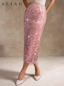 Chân váy midi xẻ tà đính sequin jacquard thanh lịch Aliao, đa năng cho trang phục hàng ngày, phù hợp cho mùa thu, phong cách cổ điển sang trọng, ngày lễ tình nhân, mùa cưới, năm mới và các dịp khác, màu hồng bắt mắt cho mùa xuân. - Hồng - Xem 4