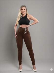 Super Shaping Leggings With Front Buckles - Simple - Casual - Sensual - Party - Polyester - Eyelets - Appliques - Buckles - 鏽棕色 - 查看 2
