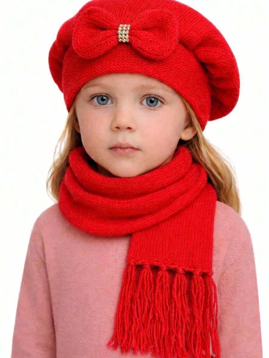 Children's Wool Beret And Scarf Set With Bow, Various Colors. - 紅色 - 查看 1