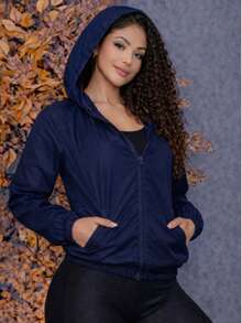 Women's Sports Jacket With Front Pockets And Hood - 藏蓝色 - 查看 2