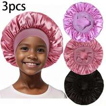 Awegeo 3 piezas Gorro para niños, Gorro de dormir de tela de satén con ala ancha y elástico, Gorro de moda cómodo y suave para uso diario - Multicolor - Ver 6