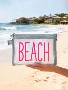 Túi đi biển lưới chống thấm nước thời trang, túi đựng mỹ phẩm in chữ "Beach", chủ đề biển. Túi đựng mỹ phẩm trong suốt dung tích lớn, túi đựng đồ vệ sinh cá nhân bằng nylon có khóa kéo, nhẹ, có thể đựng kem chống nắng, đồ ăn nhẹ, bikini và các vật dụng cần thiết khi đi biển. - Nhiều màu - Xem 13