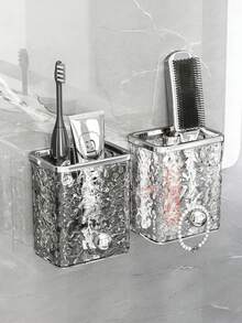 Luxury Silver Wall Mounted Toothbrush Holder, Water Ripple Acrylic Organizer, 2-In-1 Storage Rack For Toothpaste, Comb & Brushes, Punch-Free Bathroom Caddy - Multicolor - View 2