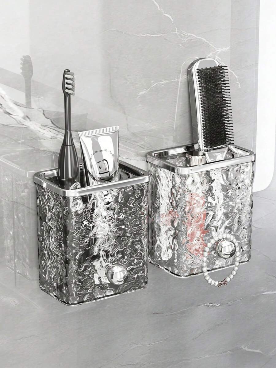 Luxury Silver Wall Mounted Toothbrush Holder, Water Ripple Acrylic Organizer, 2-In-1 Storage Rack For Toothpaste, Comb & Brushes, Punch-Free Bathroom Caddy