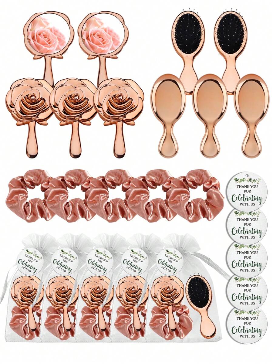 Brodark Champagne Rose Gold Bridal Party Favor Set, Includes Makeup Sponge, Comb, Mirror, Hair Ties, Thank You Card, White Drawstring Bag, Suitable For Party Favors, Valentine's Day, Mother's Day Gifts