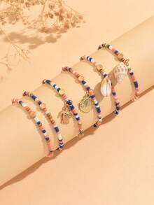 6pcs Bohemian Ocean Style Acrylic Shell, Conch, Zinc Alloy Fan, Turtle Pendant Beaded Bracelet Set, Suitable For Women's Daily, Holiday, Beach Travel Matching - Blue Pink - View 2