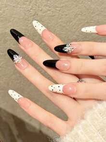 10pcs Handmade Long Almond-Shaped Black & White Retro Sweet Style False Nails, Nude Pink Base, Black & White French Tips, 3D Leopard Floral Decor, Black Polka Dot Accent, Elegant Multi-Occasion Nails For Women & Girls, Suitable For Spring, Summer, Autumn, Winter, Parties, Daily Use - Black and White - View 2