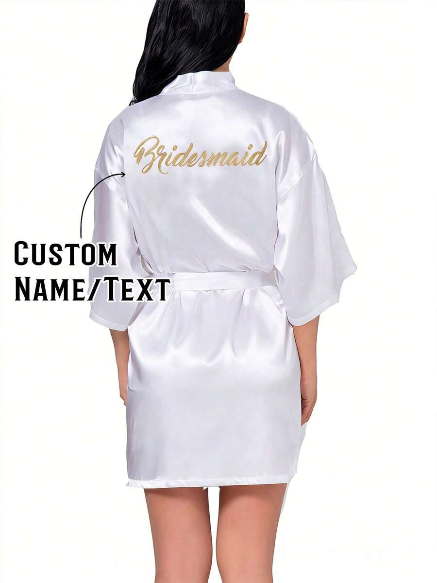 1pc Customized Personalized Sleepwear Set Or Robe - Satin Bride & Bridesmaid Robes, Comfortable Loungewear, Customized Wedding Robe With Embroidery Design, Exclusive Bridesmaid Attire, Customized Satin Long Robe, Customized Bridal Wear, Pre-Wedding Preparation Robe, Wedding Party Outfit, Lace Trim Robe, Customized Personalized Loungewear, Bridal Gift; Style: Minimalist, Fun, Comfortable, Warm, Cute, Vintage; Features: Customized, Personalized, Unique, Exclusive Custom Gift. - Multicolor - View 1