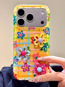 Shockproof Flower Element Flower Y2K Dopamine 3D Colorful Flower Grid Line Floral Pattern Yellow Background Phone Case Compatible With IPhone 17 Pro Max 17 Pro 16 Pro Max 14 15 Pro 13 12 Pro 14 Plus 17 Air 11 Summer Jelly Candy Soft Cover Gift Party - Plaid Flowers - View 5