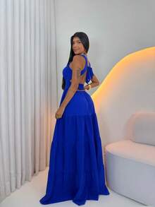 Women's Long Dress With Butterfly Knot - 藍色 - View 2