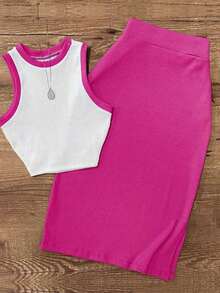 Conjunto de 2 piezas de camiseta sin mangas y falda larga de unicolor con ribete de contraste en estilo vintage elegante para resort, primavera/verano - Blanco y rojo rosa - Ver 5