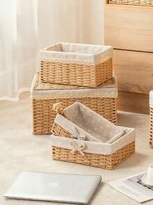 1个/3个装编织桌面收纳篮，适合存放零食、化妆品、玩具和其他家居用品，多功能收纳盒，可用作咖啡桌或钥匙篮，家居装饰收纳，衣柜整理，节日装饰礼品，理想礼品篮 - 卡其色 - 查看 7