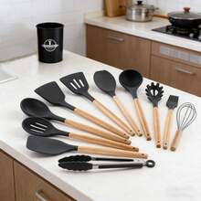 Premium 12-Piece Silicone Kitchen Utensil Set With Storage Bucket, Heat-Resistant Cooking Tools, Natural Wooden Handles, Non-Scratch, Suitable For All Cookware, A Must-Have For Home Chefs - 黑色 - 查看 2