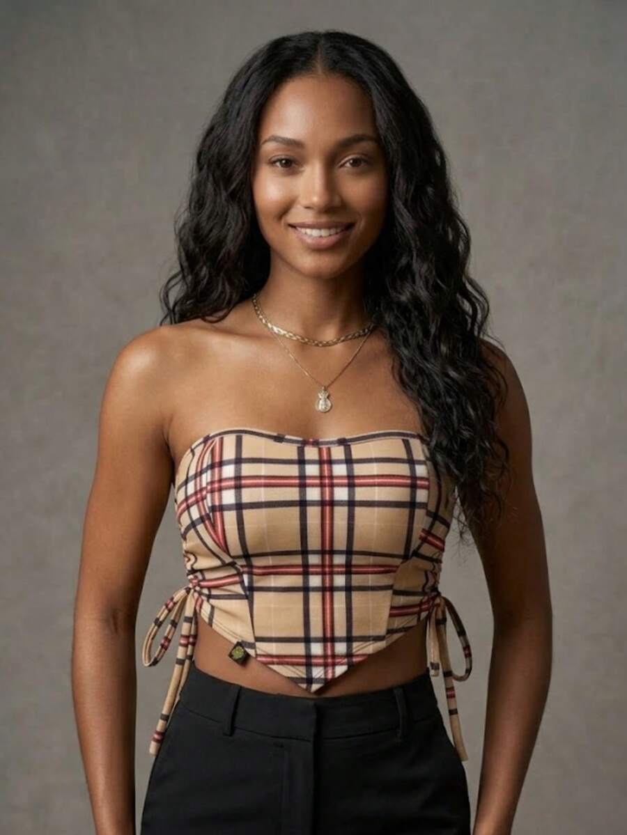 Cropped Feminino Top Faixa e Amarração Com Bojo Suplex Tomara que Caia Blogueirinha Tamanho Único - Veste do 36 ao 42 - Bege Xadrez - Visão 1
