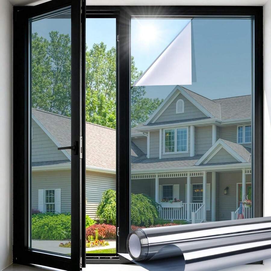 1 Roll One-Way Privacy Window Film, Blackout, Heat Insulation, Mirror Finish, Anti-Glare, UV Blocking, Transparent View From Outside But Not Visible From Inside, For Home & Office Use - Silver - View 1