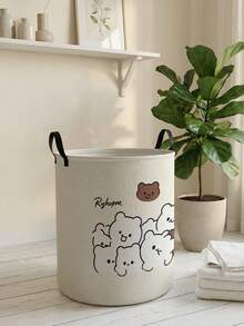 1pc Cartoon Bear Print Foldable Large Capacity Round Storage Basket With Handle, Multi-Purpose Storage Bin For Nursery, Baby Diaper, Clothes, Toys Organization - Multicolor - View 4