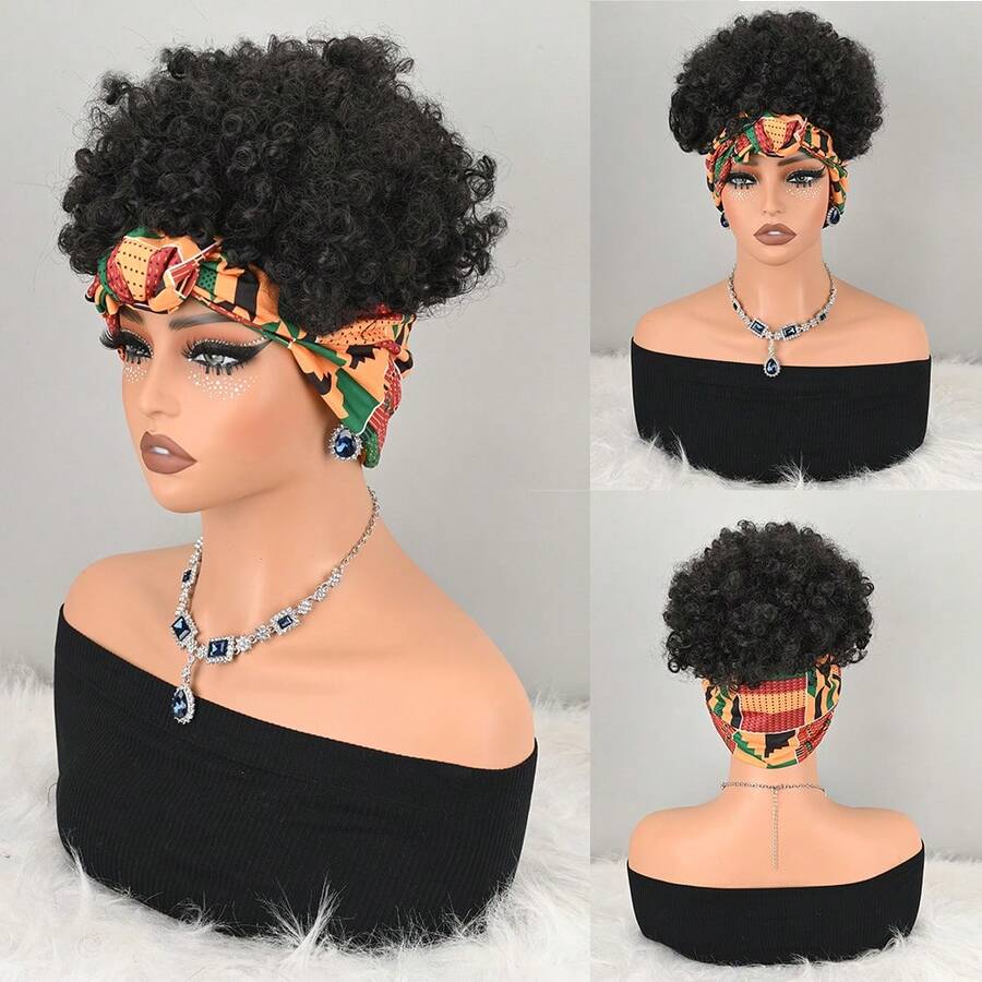 Black Curly Wig With Red Butterfly Print Headwrap – Synthetic Hair, Easy Wear Turban Style - Black - View 1