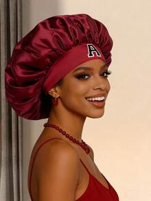 1PC Satin Sleep Bonnet With 26 Customizable Letters, Adjustable Wide Elastic Band, Gentle On Hair, Reduces Friction & Prevents Damage, Fits Curly And Straight Hair - Wine Red - View 2