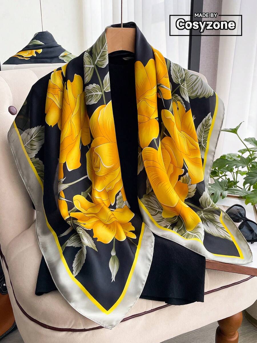 一条优雅印花90厘米方巾，适合休闲时尚的户外佩戴，可用作头巾、发带、披肩，是您服装、海滩、度假的完美配饰。 - 彩色 - 查看 1