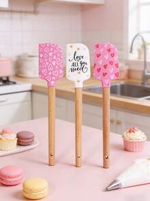 1 chiếc thìa silicon cán gỗ họa tiết Ngày Valentine, thìa silicon chịu nhiệt kèm nơ satin màu hồng, thích hợp cho việc nướng bánh, nấu nướng và xào. - Nhiều màu - Xem 6