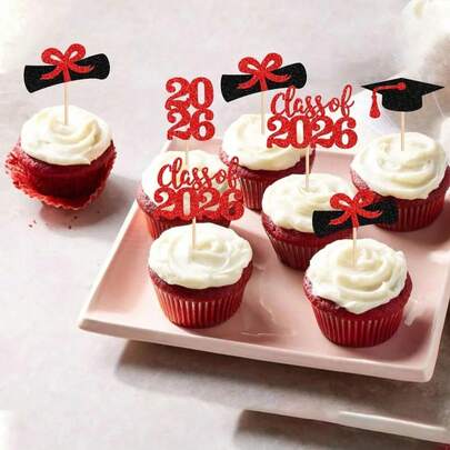 24件/12件/1件 2026毕业庆典装饰品，闪亮2026毕业帽蛋糕装饰，2026毕业派对迷你蛋糕装饰，毕业证书，2026毕业帽套装，派对装饰品。毕业主题派对，2026毕业主题纸杯蛋糕派对（红色）