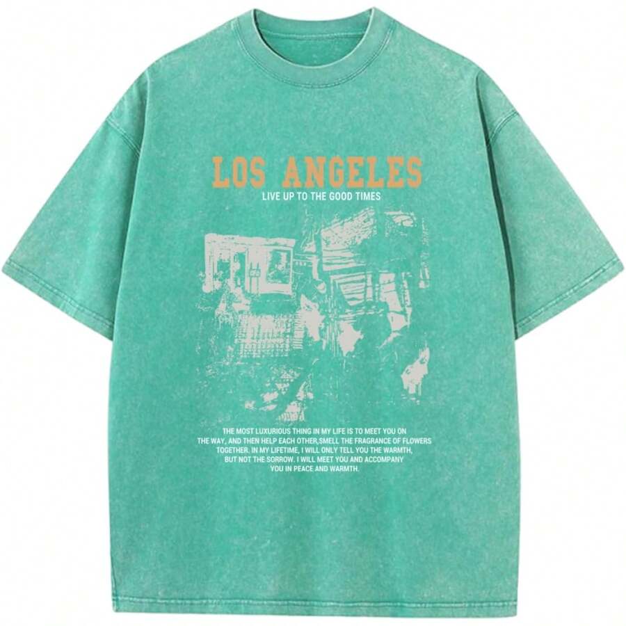 [100% Cotton]  Oversized Graphic Tshirts For Men Acid Wash Los Angeles Vintage Tees Streetwear Baggy Cotton Shirts Casual Tops- Unisex Women's & Men's Campus Daily Wear - 湖綠色 - 查看 1