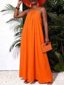 Solid Color Beach Casual Vacation Style Halter Backless Dress - Orange - View 6