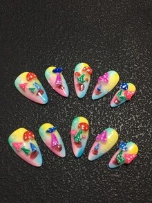 10 Piece 2.5-Centimeter Handmade Almond Shaped Wearable Nail Set, Paired With Rhinestones And Colorful Mushroom Decorations, Suitable For Women And Girls, Valentine's Day, Parties, Festivals, And Daily Wear. Nail Accessories, Acrylic Nail Sets, Hand Pressed Nail Art, Fake Nail Stickers, And Nail Products. - Multicolor - View 1