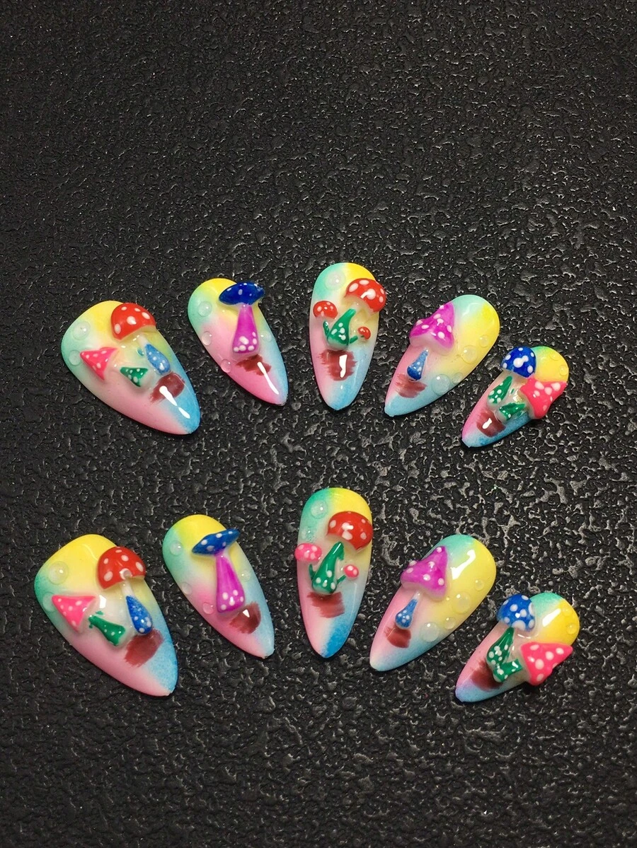 10 Piece 2.5-Centimeter Handmade Almond Shaped Wearable Nail Set, Paired With Rhinestones And Colorful Mushroom Decorations, Suitable For Women And Girls, Valentine's Day, Parties, Festivals, And Daily Wear. Nail Accessories, Acrylic Nail Sets, Hand Pressed Nail Art, Fake Nail Stickers, And Nail Products. - Multicolor - View 1
