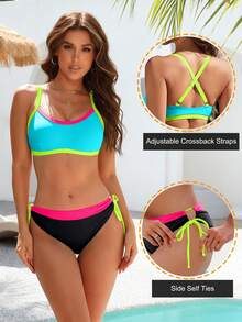 Women's High Waisted Bikini Sets Sporty Two Piece Swimsuits Color Block Cheeky High Cut Bathing Suits - Royal Blue - View 4